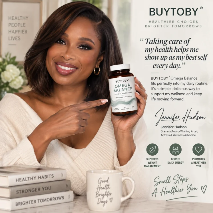 Jennifer Hudson with BuyToBy Omega Balance and health-related props