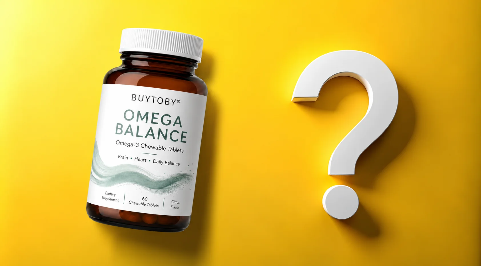 BuyToBy Omega Balance bottle on a yellow background
