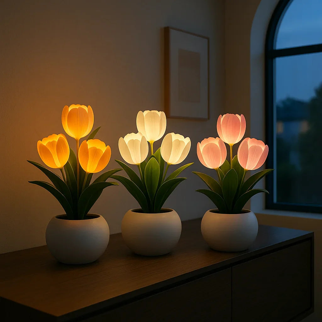 Three Lumiere Blossom LED decorative tulip lamps, showcasing orange, warm white, and pink light variants, each in an elegant white pot, arranged on a wooden cabinet in a modern room.