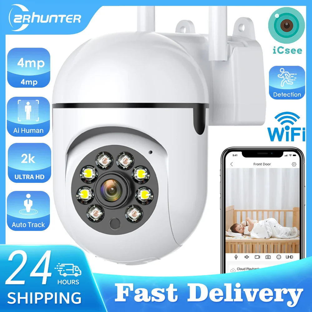 4MP Outdoor WiFi Camera 2K HD Security PTZ IP Camera AI Auto Detect Tracking Indoor Baby Night Color Camera Surveillance ICSee ZRHUNTER Official Store